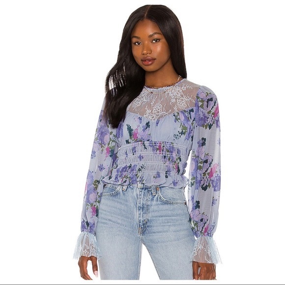 FREE PEOPLE BOHO BLOUSE FLORAL PRINT LACE CROP TOP A3C - Picture 2 of 10